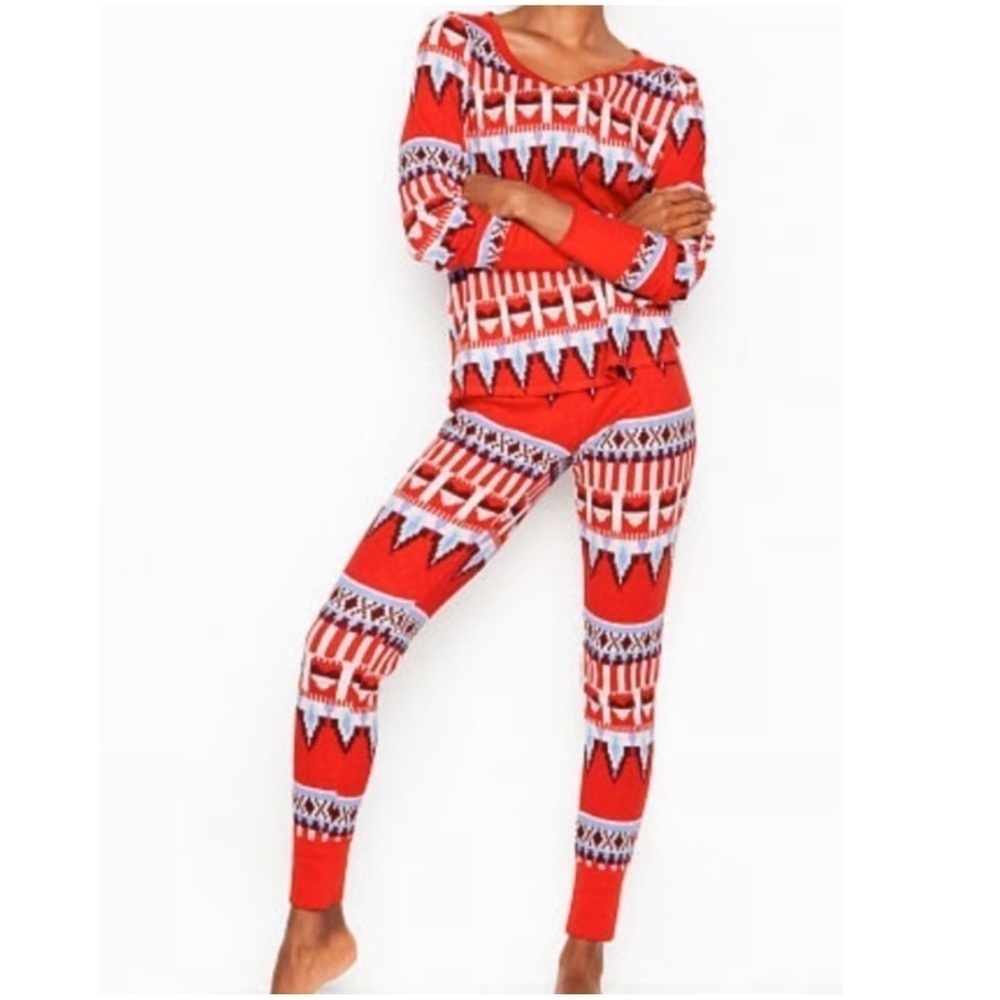 Victoria’s Secret Red Fair Isle Knit Thermal Cotton Pajama Set Slim Fit Size XS
